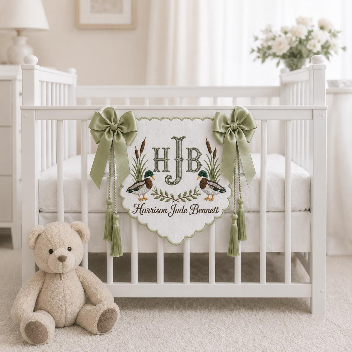 Personalized Baby Bassinet Banner, Embroidered Duck Name Sign, Custom Monogram Hospital Crib Decor, Custom Nursery Keepsake