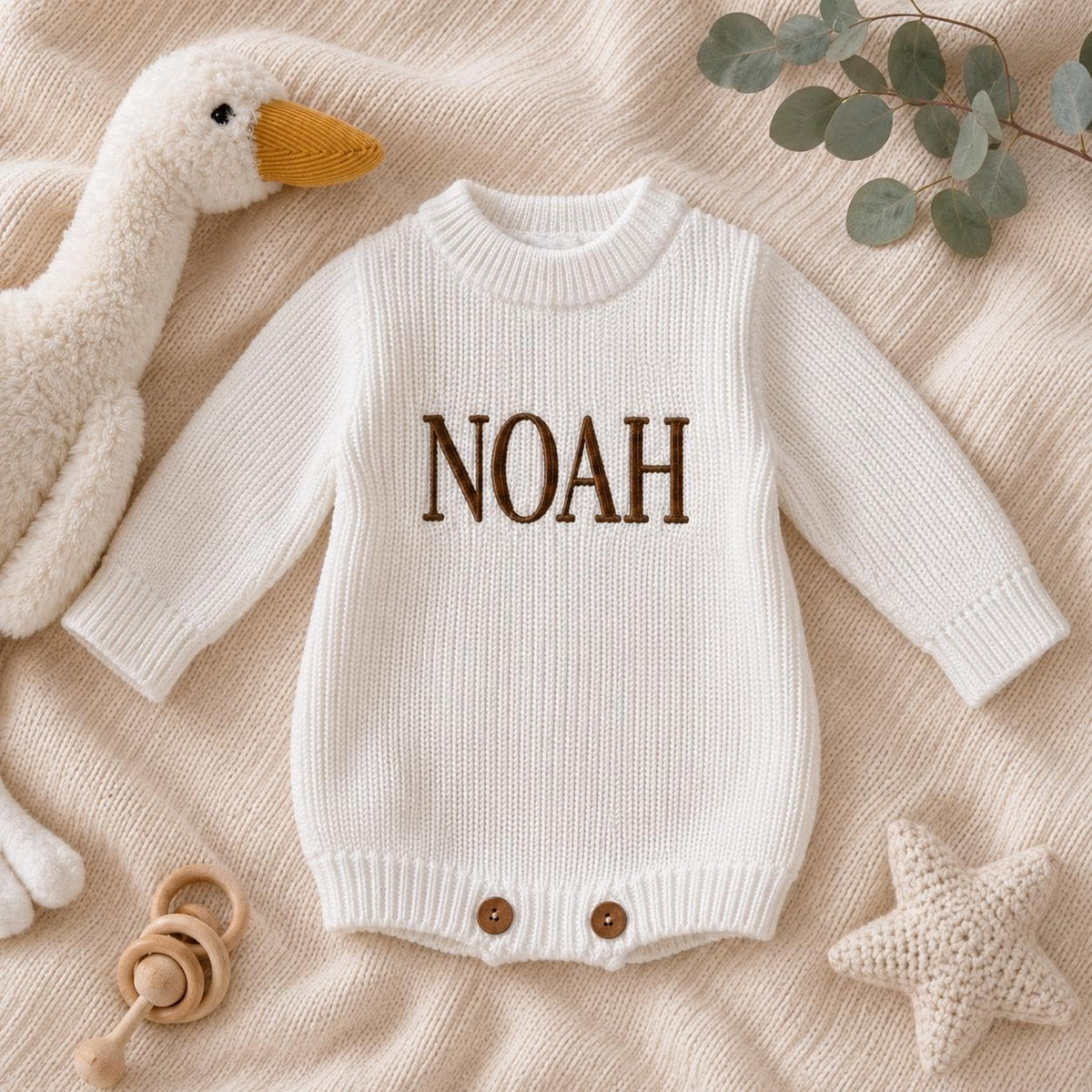 Personalized Knit Baby Romper, Embroidered Name, Newborn Hospital Outfit