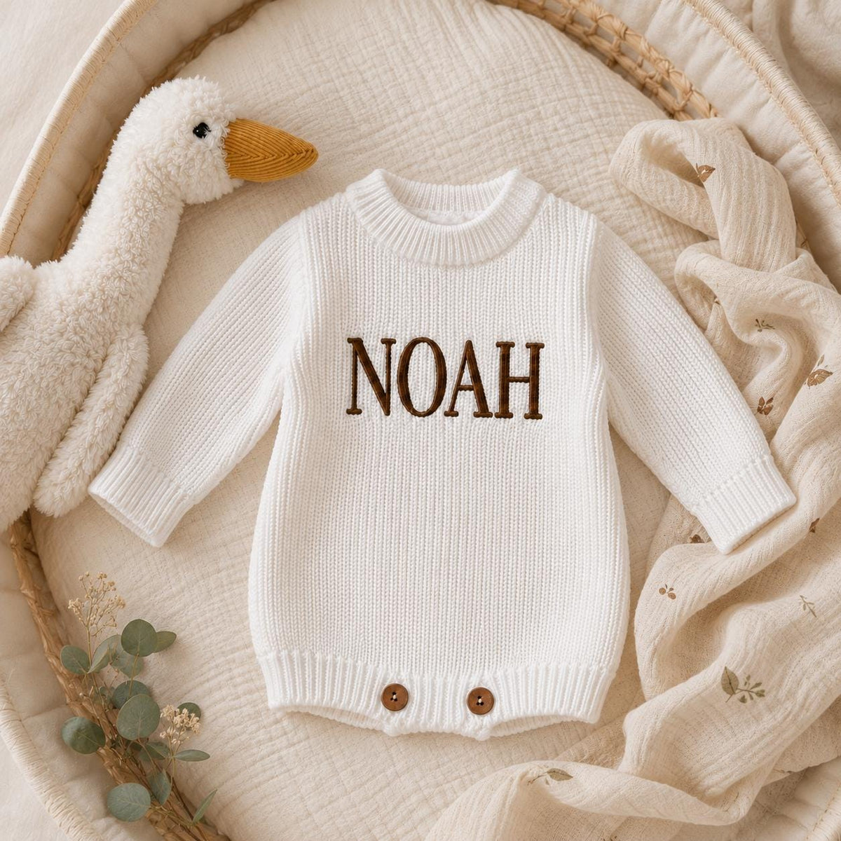 Personalized Knit Baby Romper, Embroidered Name, Newborn Hospital Outfit