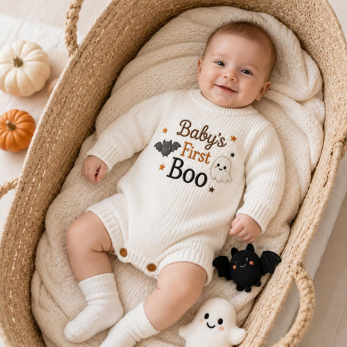 Baby’s First Boo Halloween Romper, Ghost Bat Knit Baby Outfit, Personalized Newborn Halloween Outfit, Baby Keepsake Gift