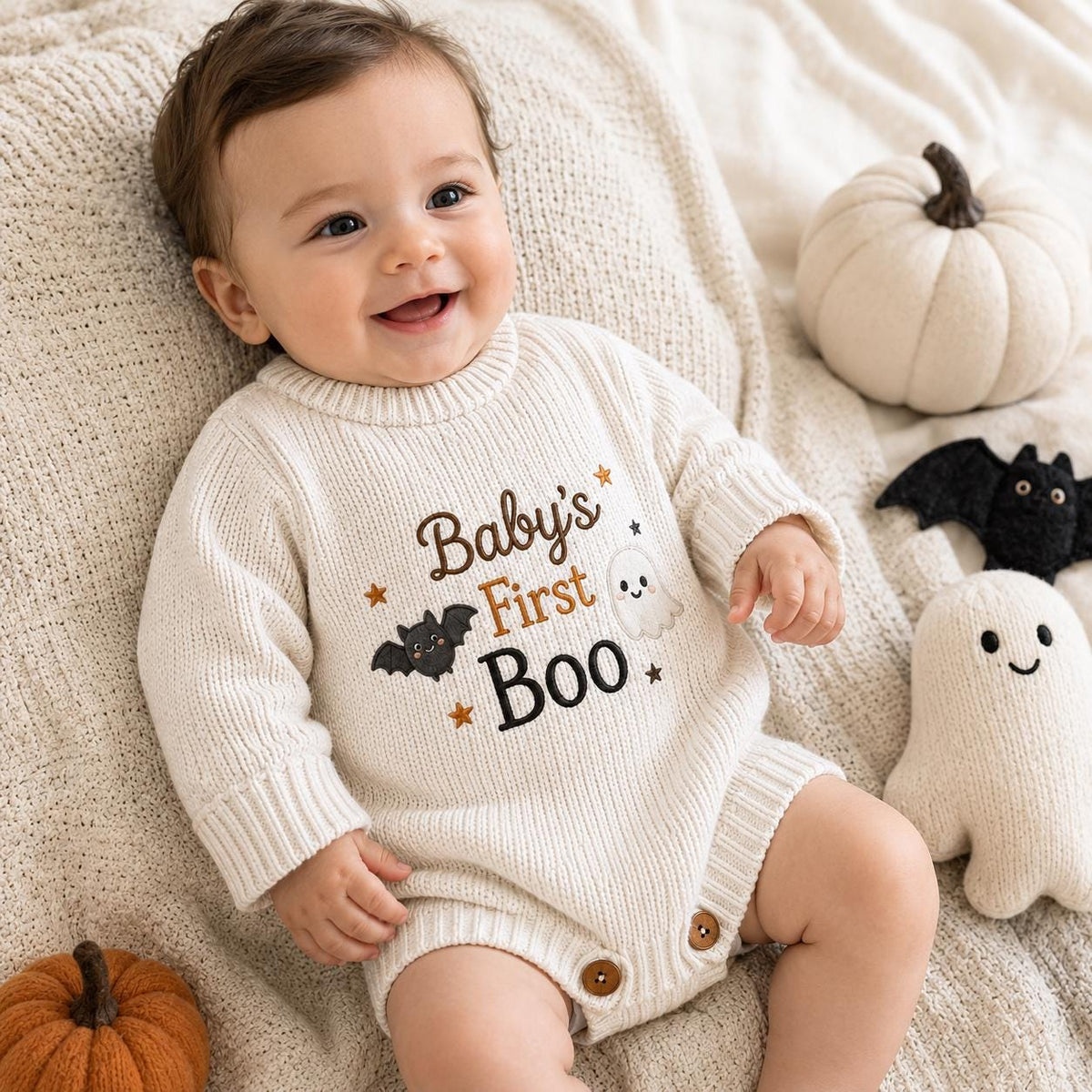 Baby’s First Boo Halloween Romper, Ghost Bat Knit Baby Outfit, Personalized Newborn Halloween Outfit, Baby Keepsake Gift