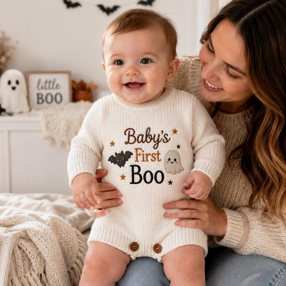Baby’s First Boo Halloween Romper, Ghost Bat Knit Baby Outfit, Personalized Newborn Halloween Outfit, Baby Keepsake Gift