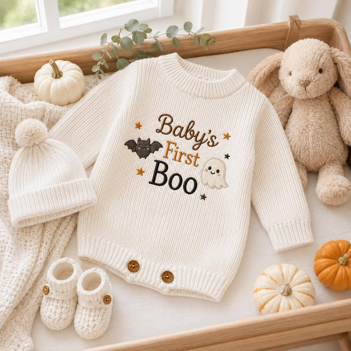 Baby’s First Boo Halloween Romper, Ghost Bat Knit Baby Outfit, Personalized Newborn Halloween Outfit, Baby Keepsake Gift