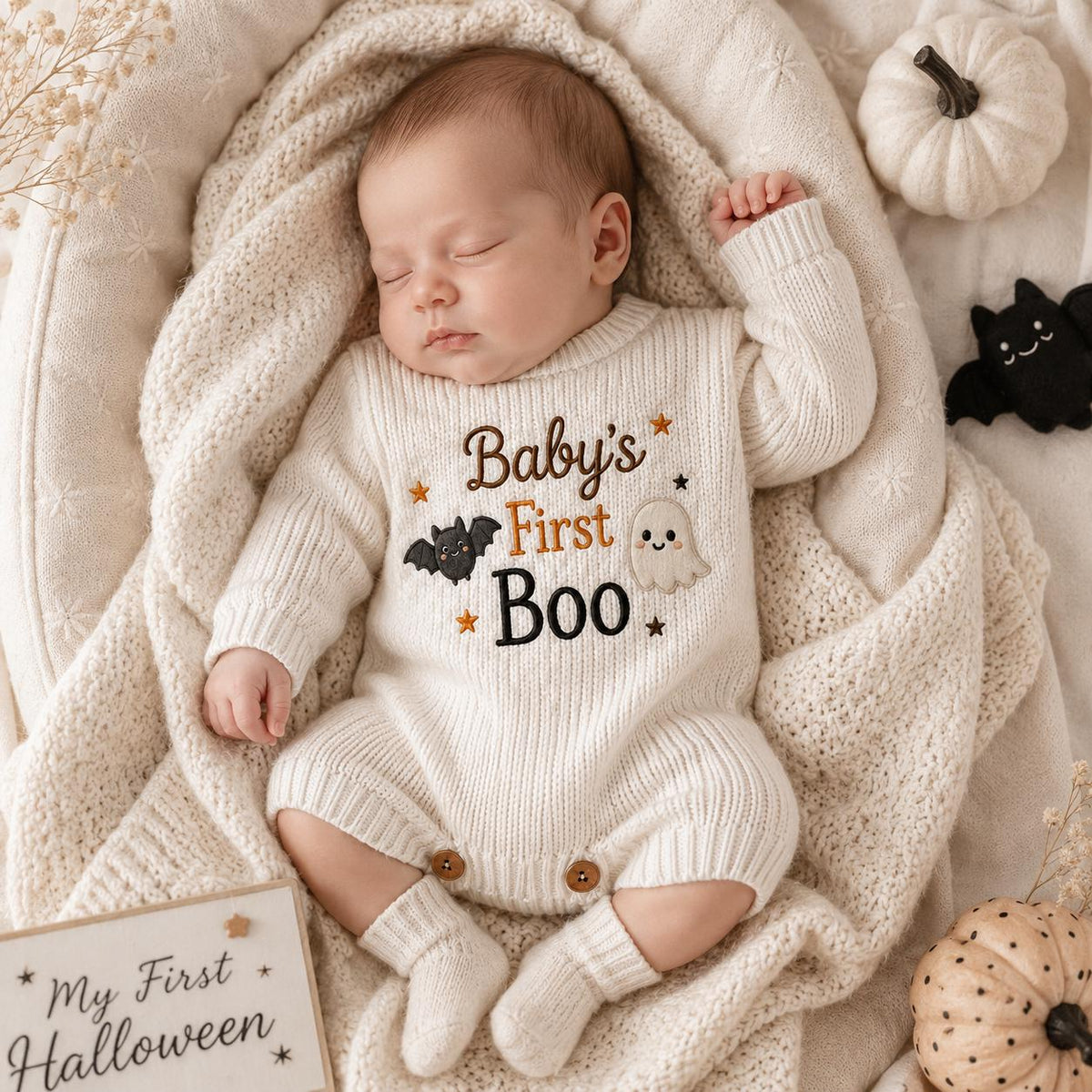 Baby’s First Boo Halloween Romper, Ghost Bat Knit Baby Outfit, Personalized Newborn Halloween Outfit, Baby Keepsake Gift
