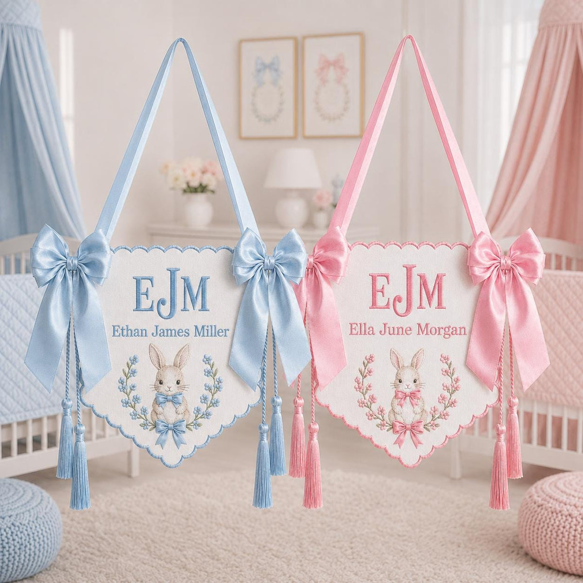 Bunny Bow Monogram Baby Banner, Personalized Newborn Hospital Bassinet Banner, Embroidered Baby Name Nursery Decor
