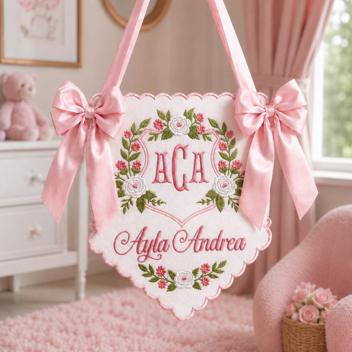 Embroidered Floral Crest Baby Banner, Personalized Monogram Hospital Door Decor
