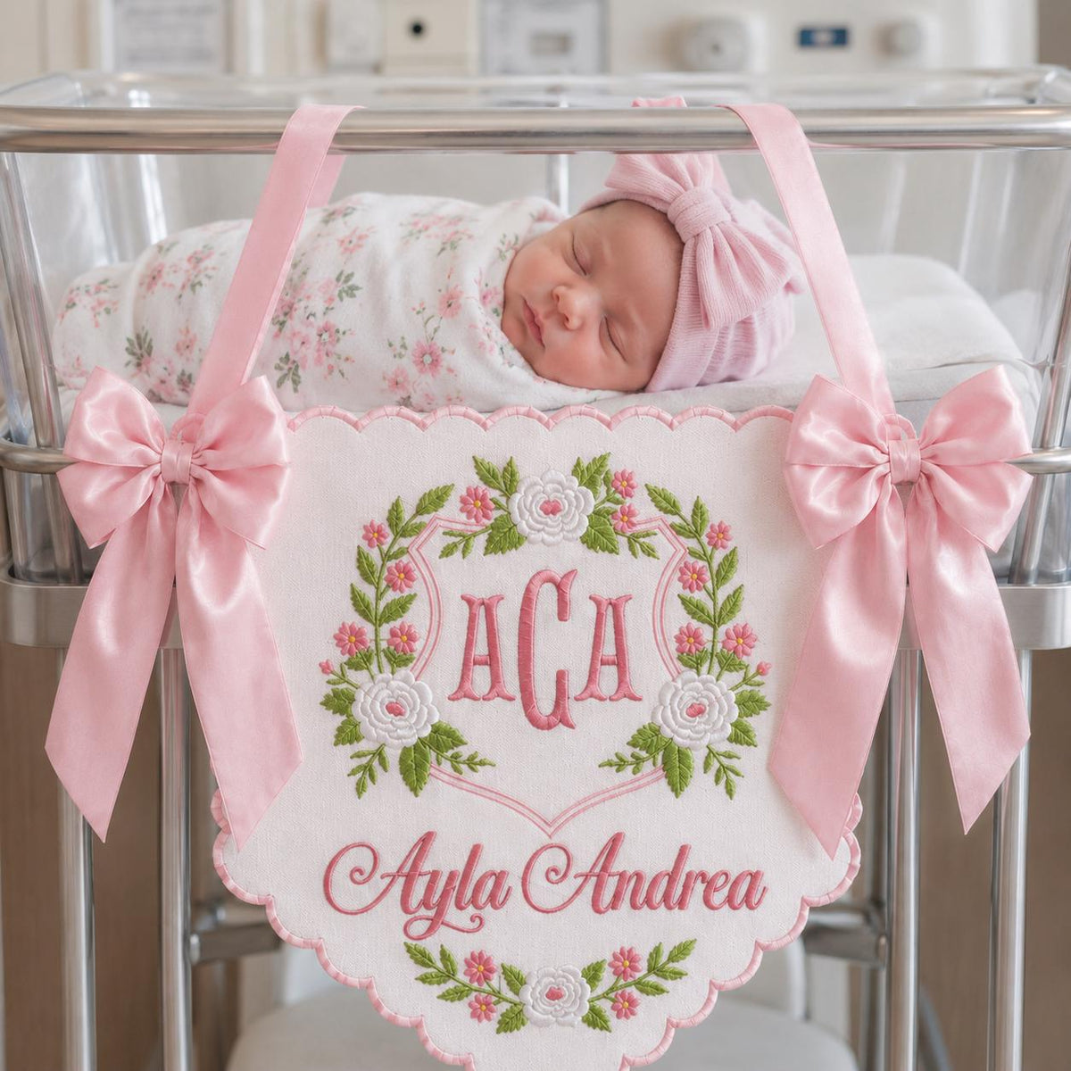 Embroidered Floral Crest Baby Banner, Personalized Monogram Hospital Door Decor