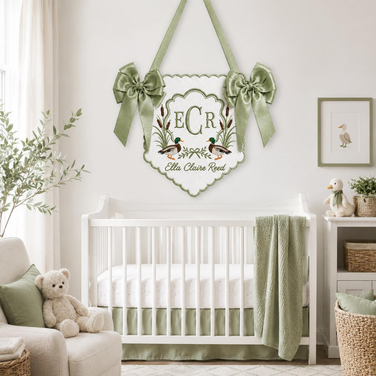 Embroidered Mallard Duck Baby Banner, Custom Newborn Announcement Sign, Hospital Bassinet Decor, Birth Stats Sign, Duck Nursery Baby Gift