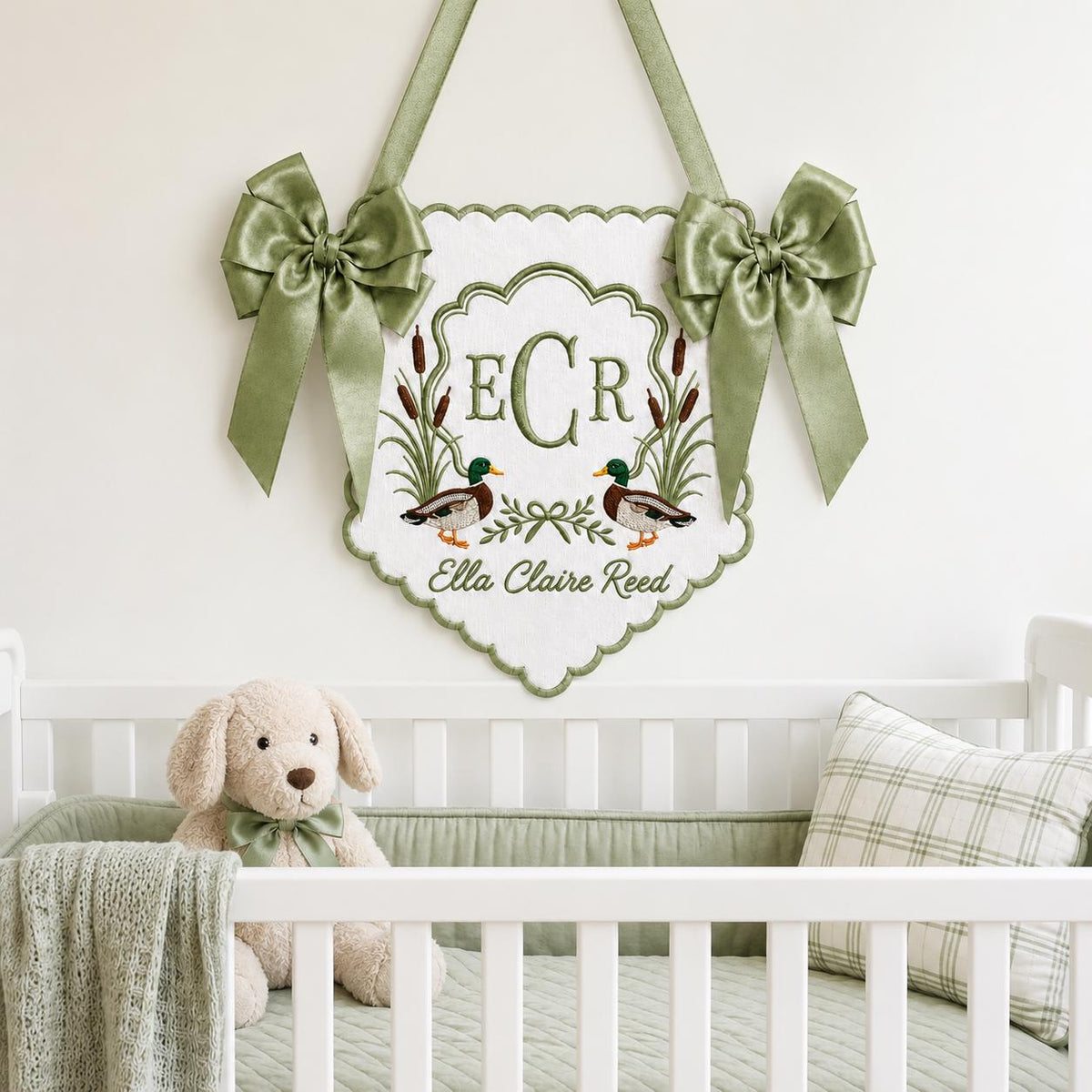 Embroidered Mallard Duck Baby Banner, Custom Newborn Announcement Sign, Hospital Bassinet Decor, Birth Stats Sign, Duck Nursery Baby Gift