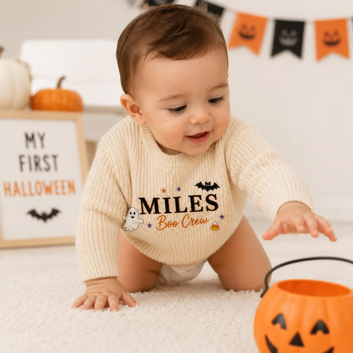 Boo Crew Halloween Baby Sweater, Personalized Name Embroidered Sweater, Baby Halloween Outfit, Pumpkin Ghost Gift, Baby Boy Halloween Outfit