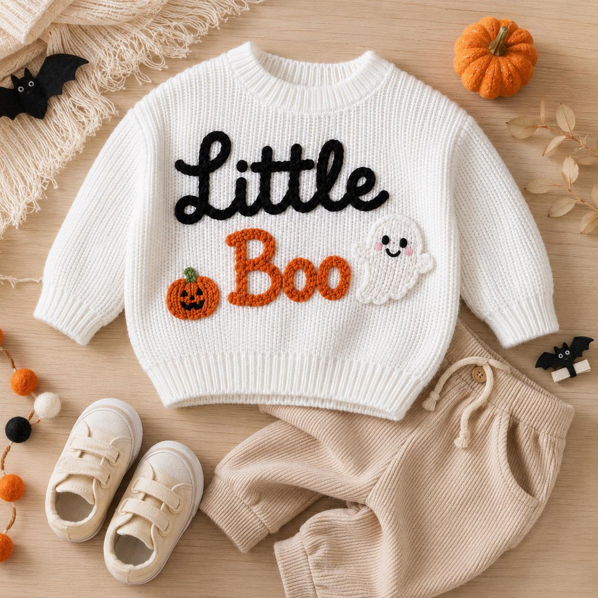 Pumpkin Ghost Little Boo Sweater, Hand Embroidered Baby Halloween, Halloween Outfit, Pumpkin Ghost Gift, Baby Boy Outfit