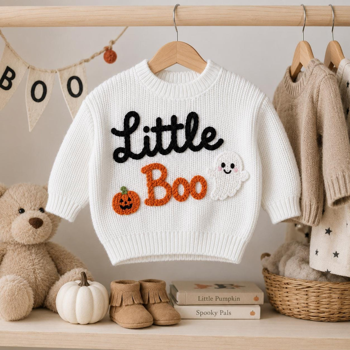 Pumpkin Ghost Little Boo Sweater, Hand Embroidered Baby Halloween, Halloween Outfit, Pumpkin Ghost Gift, Baby Boy Outfit