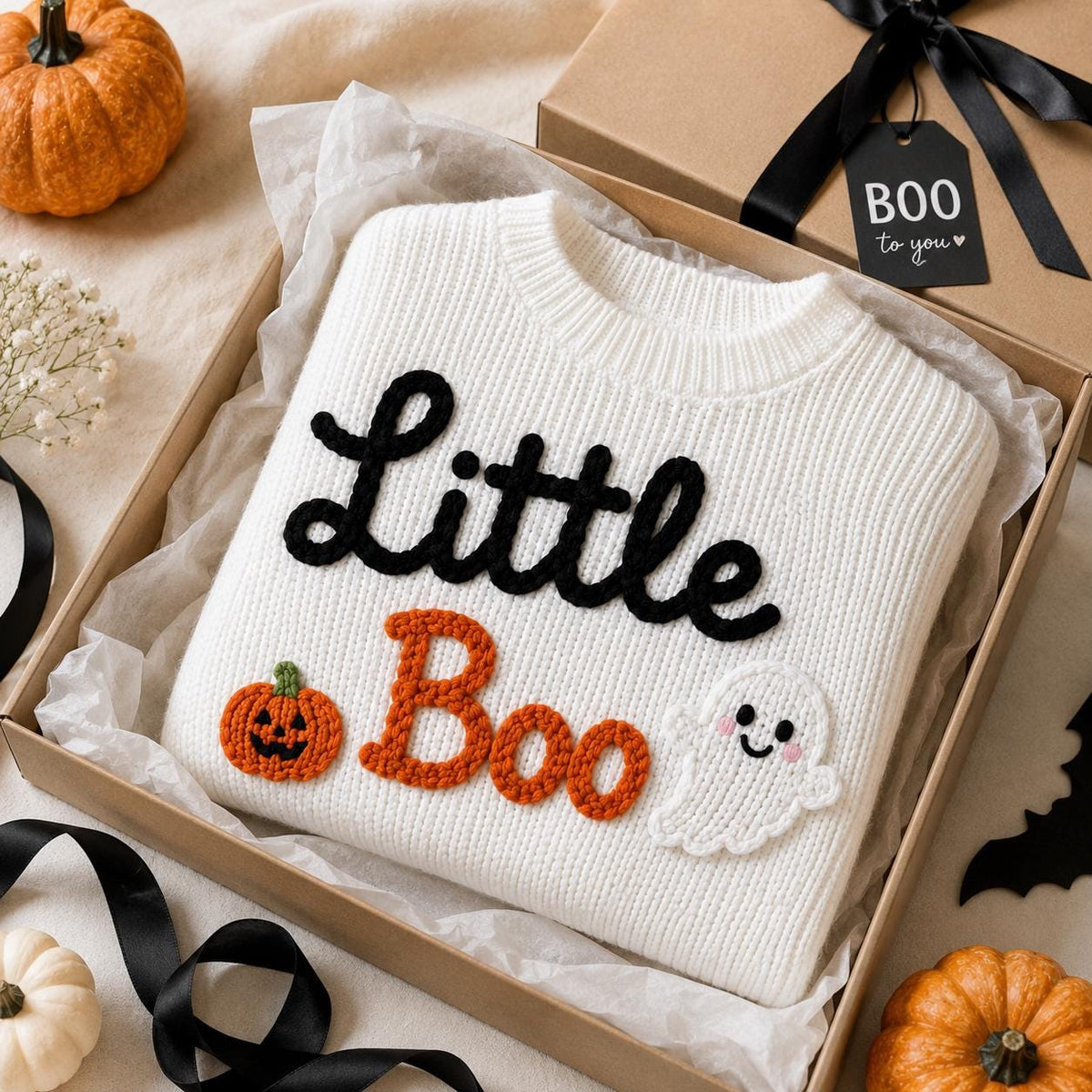 Pumpkin Ghost Little Boo Sweater, Hand Embroidered Baby Halloween, Halloween Outfit, Pumpkin Ghost Gift, Baby Boy Outfit