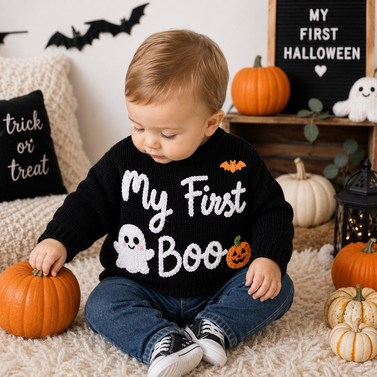 My First Boo Ghost Baby Sweater, Handmade Halloween Knit Sweater, Pumpkin Baby Outfit, Baby First Halloween Gift, Baby Keepsake Gift