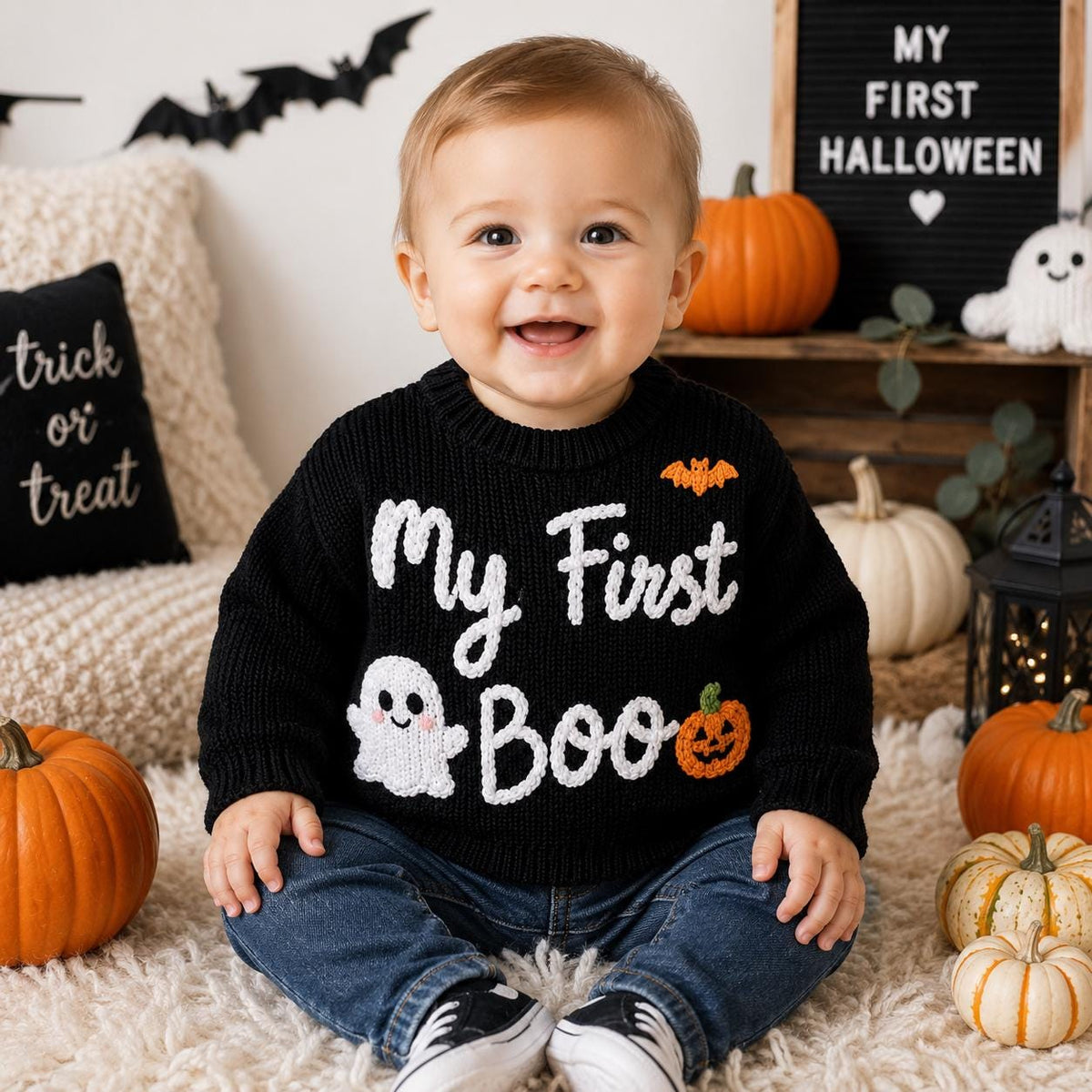My First Boo Ghost Baby Sweater, Handmade Halloween Knit Sweater, Pumpkin Baby Outfit, Baby First Halloween Gift, Baby Keepsake Gift