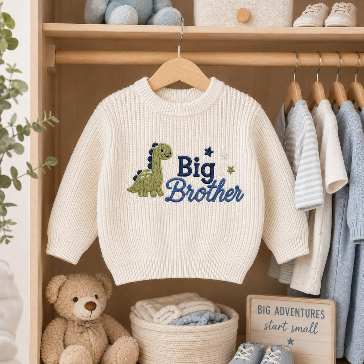 Embroidered Dinosaur Big Brother Sweater, Toddler Knit Pullover, Pregnancy Announcement Outfit, New Sibling Reveal Gift for Little Boys