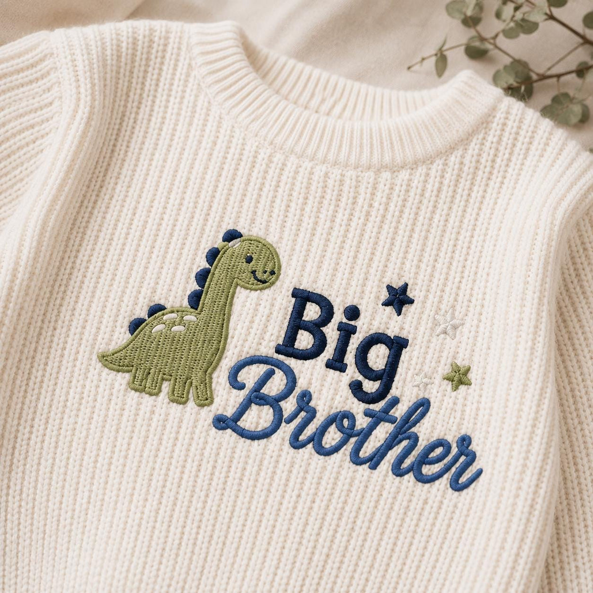 Embroidered Dinosaur Big Brother Sweater, Toddler Knit Pullover, Pregnancy Announcement Outfit, New Sibling Reveal Gift for Little Boys