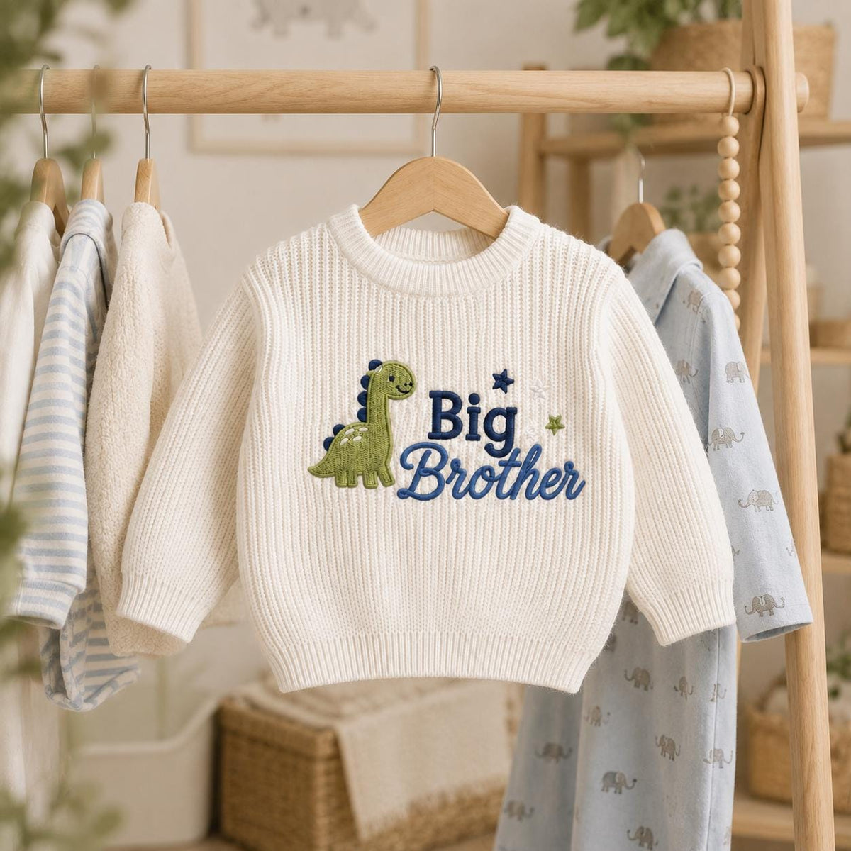 Embroidered Dinosaur Big Brother Sweater, Toddler Knit Pullover, Pregnancy Announcement Outfit, New Sibling Reveal Gift for Little Boys
