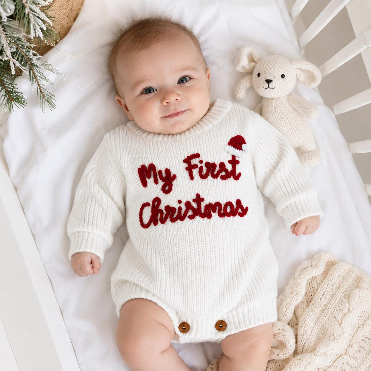My First Christmas Romper, Embroidered Baby Knit Bodysuit, Newborn Holiday Outfit, Infant Christmas Photo Prop, Baby Gift