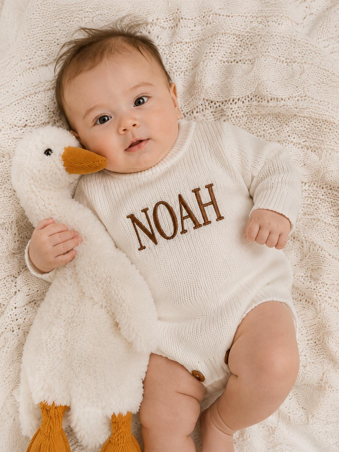 Personalized Knit Baby Romper, Embroidered Name, Newborn Hospital Outfit