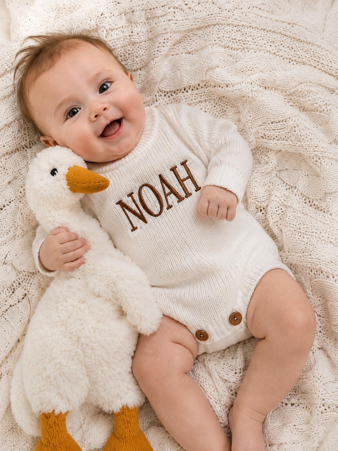 Personalized Knit Baby Romper, Embroidered Name, Newborn Hospital Outfit