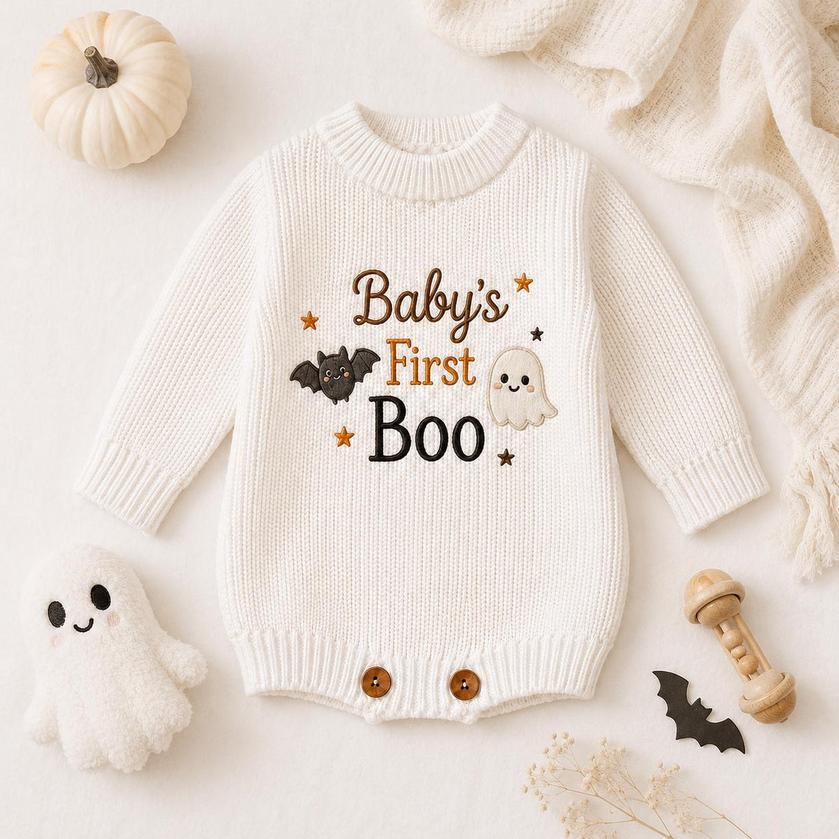 Baby’s First Boo Halloween Romper, Ghost Bat Knit Baby Outfit, Personalized Newborn Halloween Outfit, Baby Keepsake Gift