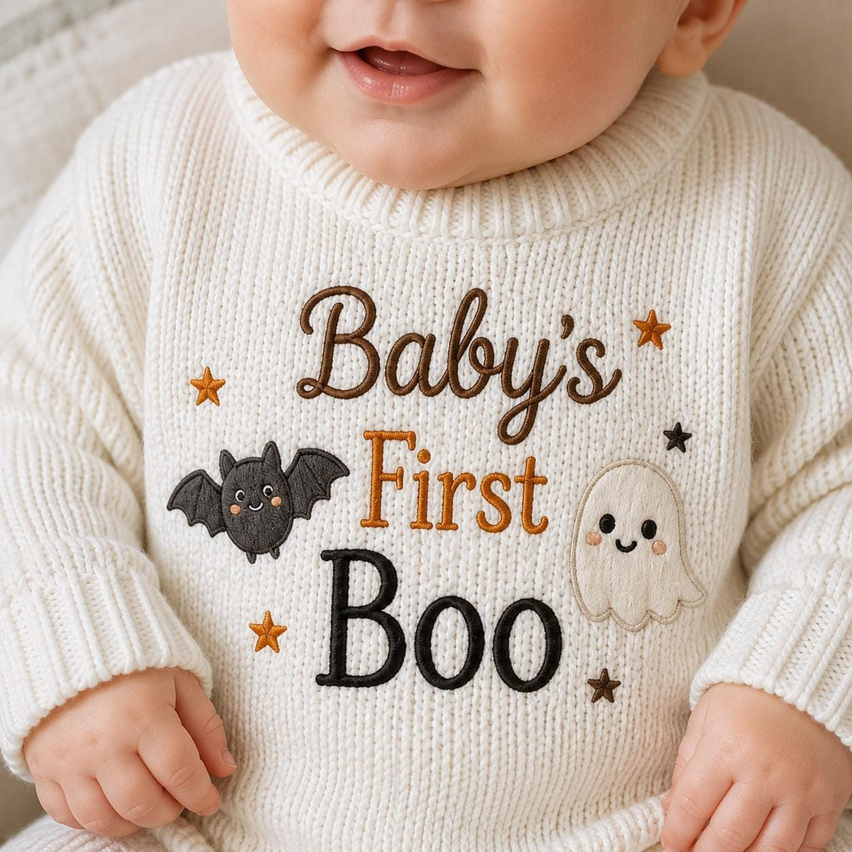 Baby’s First Boo Halloween Romper, Ghost Bat Knit Baby Outfit, Personalized Newborn Halloween Outfit, Baby Keepsake Gift