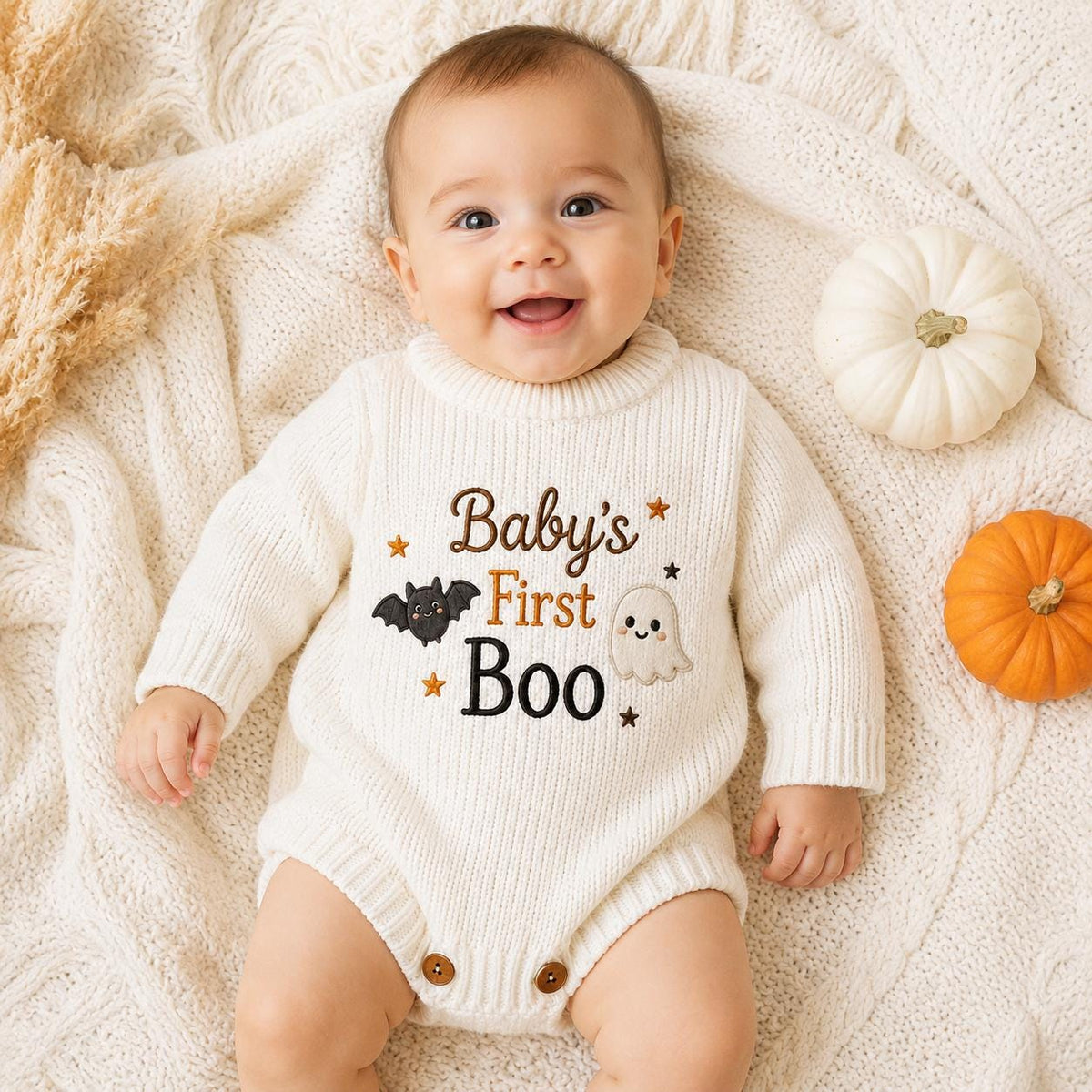 Baby’s First Boo Halloween Romper, Ghost Bat Knit Baby Outfit, Personalized Newborn Halloween Outfit, Baby Keepsake Gift