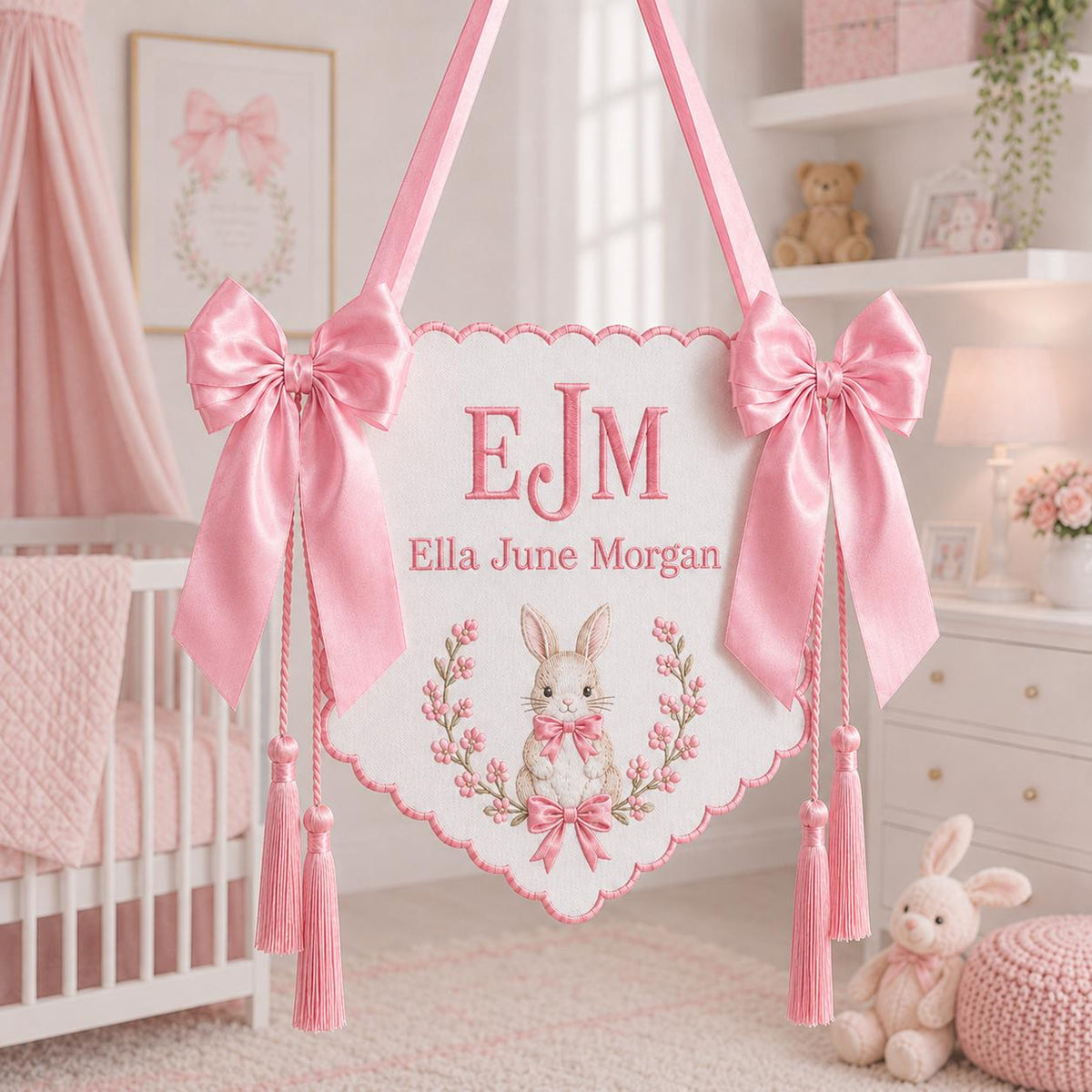 Bunny Bow Monogram Baby Banner, Personalized Newborn Hospital Bassinet Banner, Embroidered Baby Name Nursery Decor