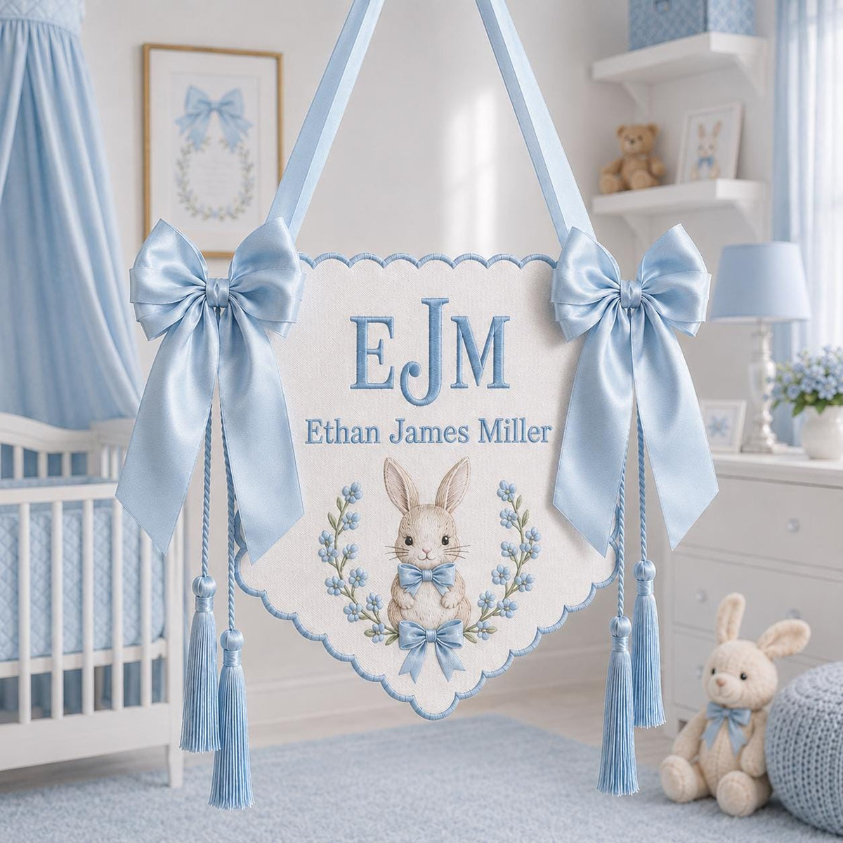 Bunny Bow Monogram Baby Banner, Personalized Newborn Hospital Bassinet Banner, Embroidered Baby Name Nursery Decor