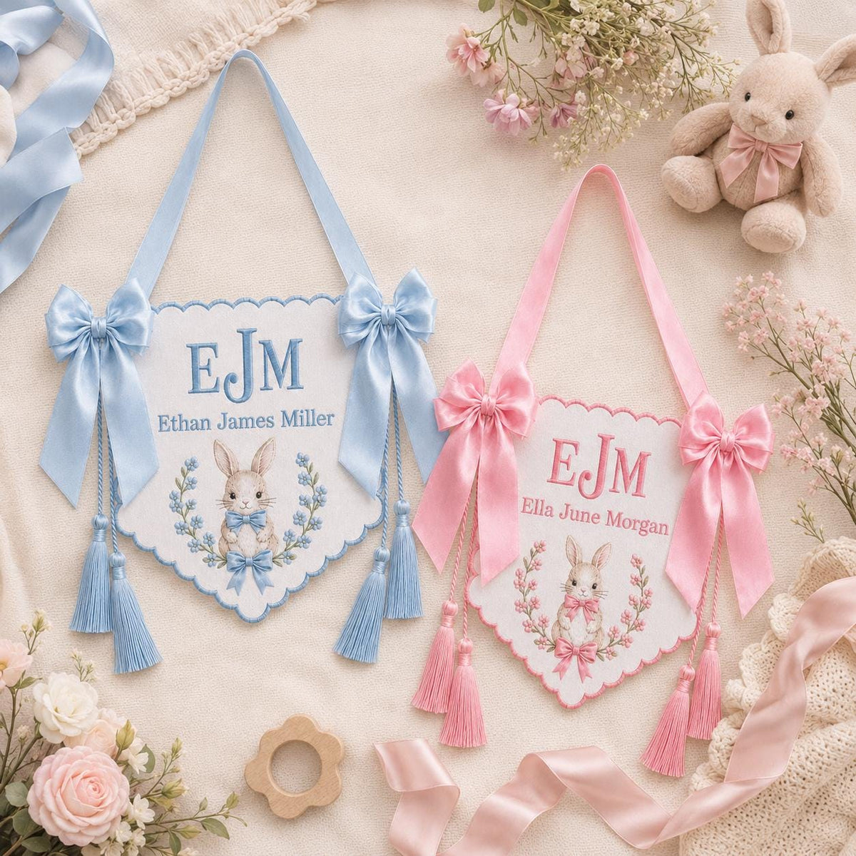 Bunny Bow Monogram Baby Banner, Personalized Newborn Hospital Bassinet Banner, Embroidered Baby Name Nursery Decor
