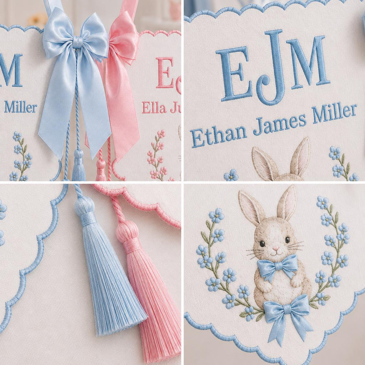 Bunny Bow Monogram Baby Banner, Personalized Newborn Hospital Bassinet Banner, Embroidered Baby Name Nursery Decor
