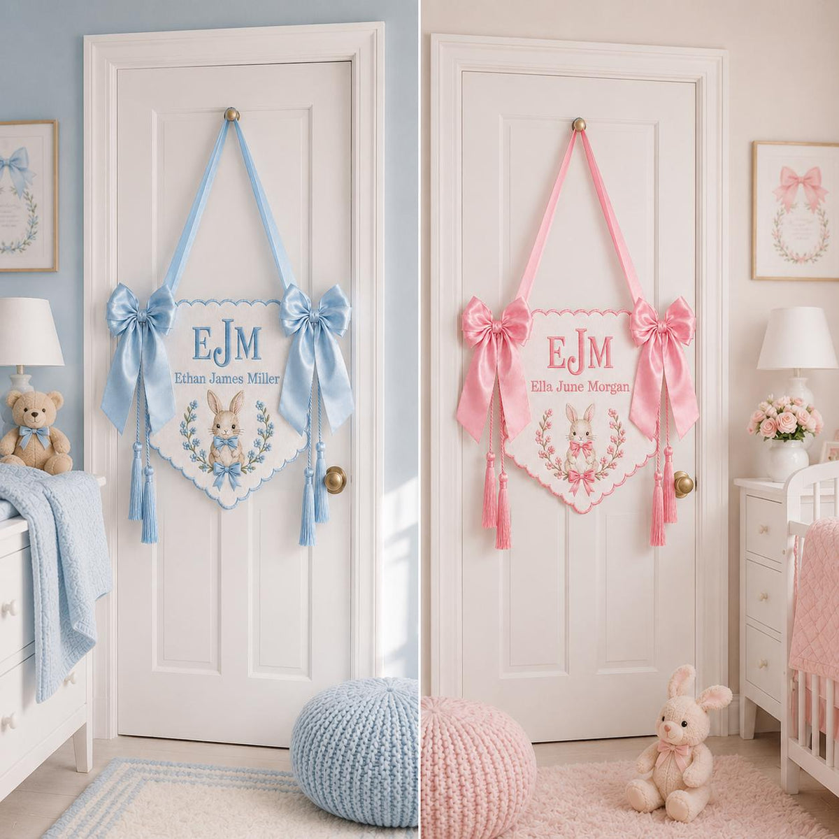 Bunny Bow Monogram Baby Banner, Personalized Newborn Hospital Bassinet Banner, Embroidered Baby Name Nursery Decor