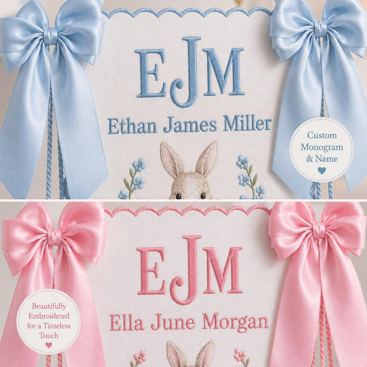 Bunny Bow Monogram Baby Banner, Personalized Newborn Hospital Bassinet Banner, Embroidered Baby Name Nursery Decor