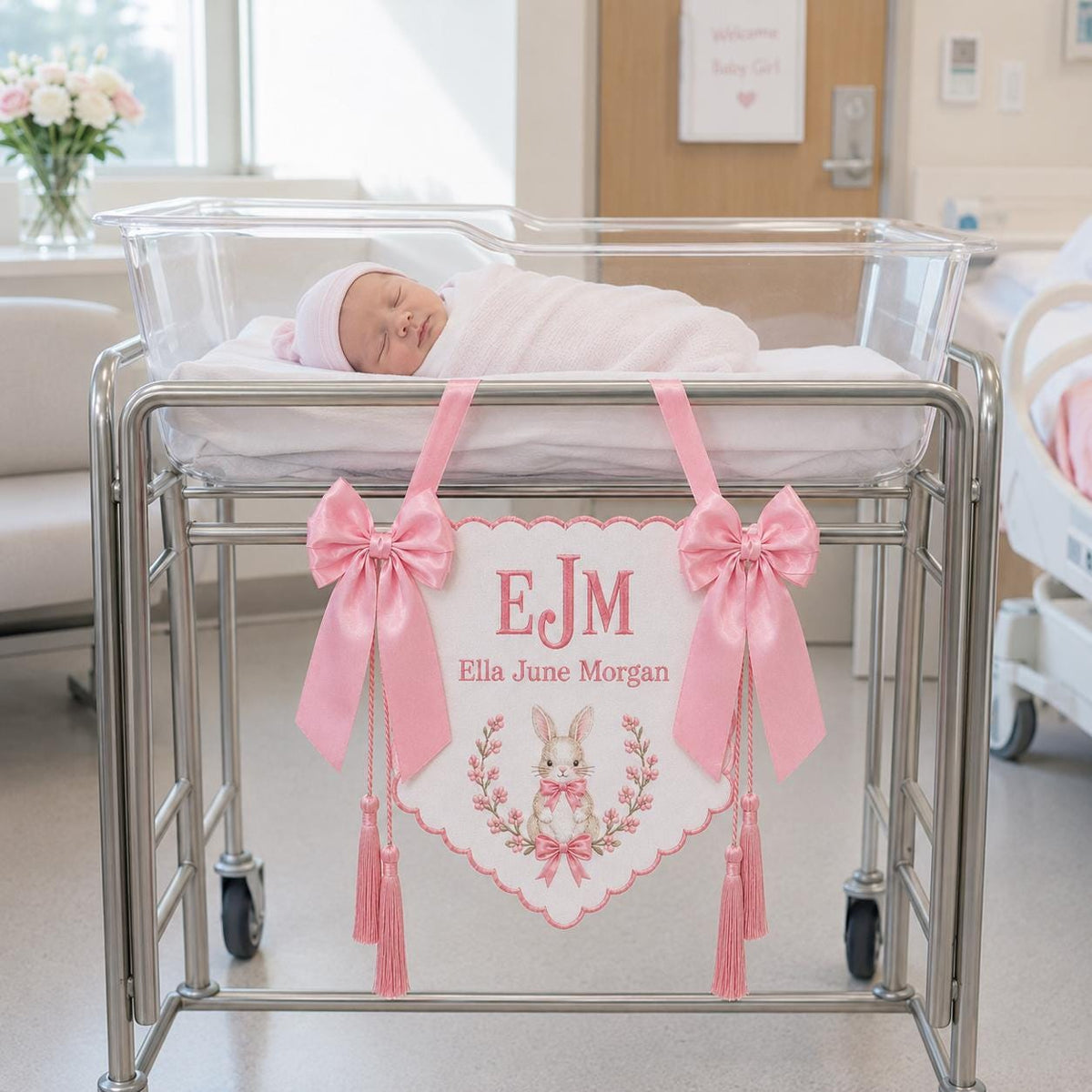 Bunny Bow Monogram Baby Banner, Personalized Newborn Hospital Bassinet Banner, Embroidered Baby Name Nursery Decor