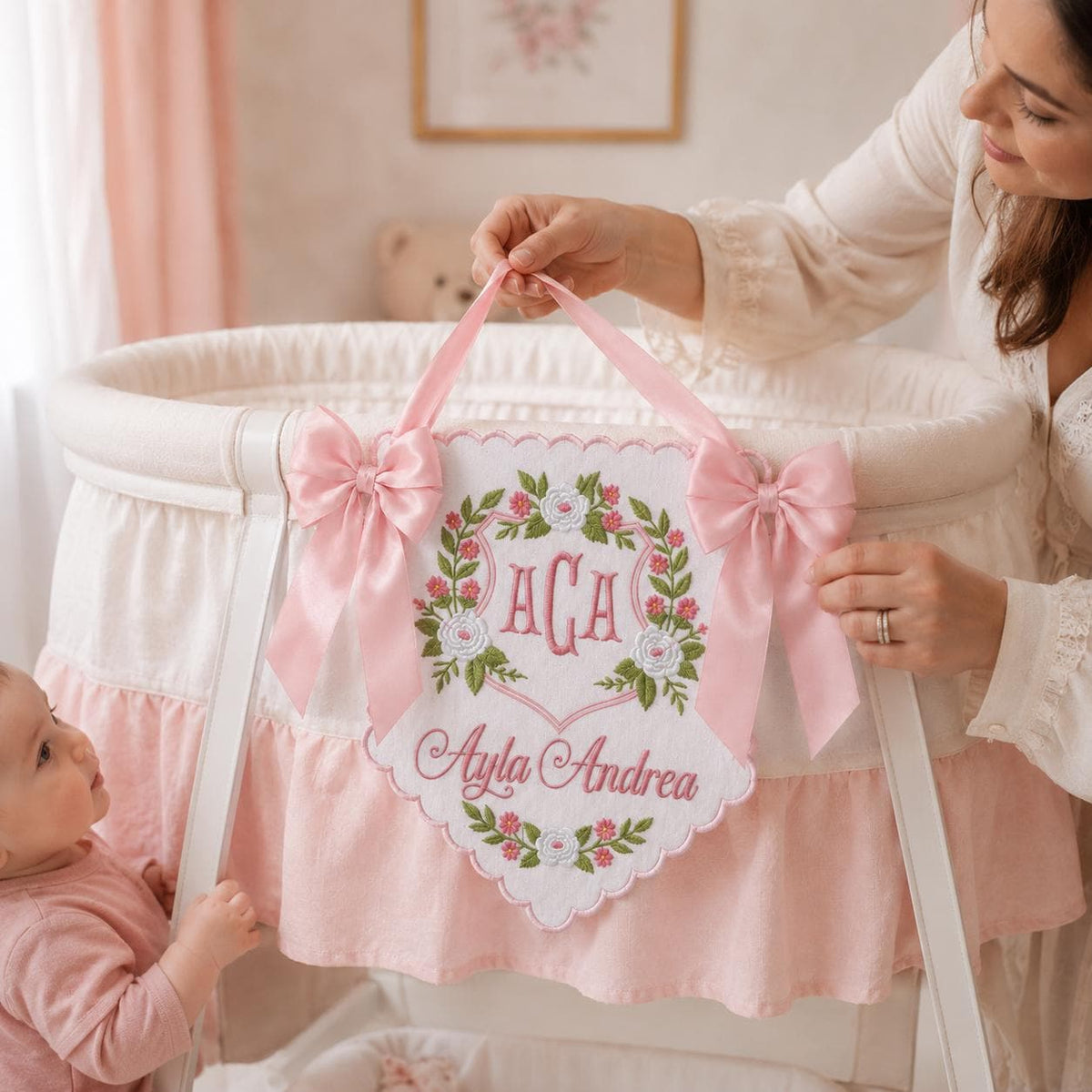 Embroidered Floral Crest Baby Banner, Personalized Monogram Hospital Door Decor