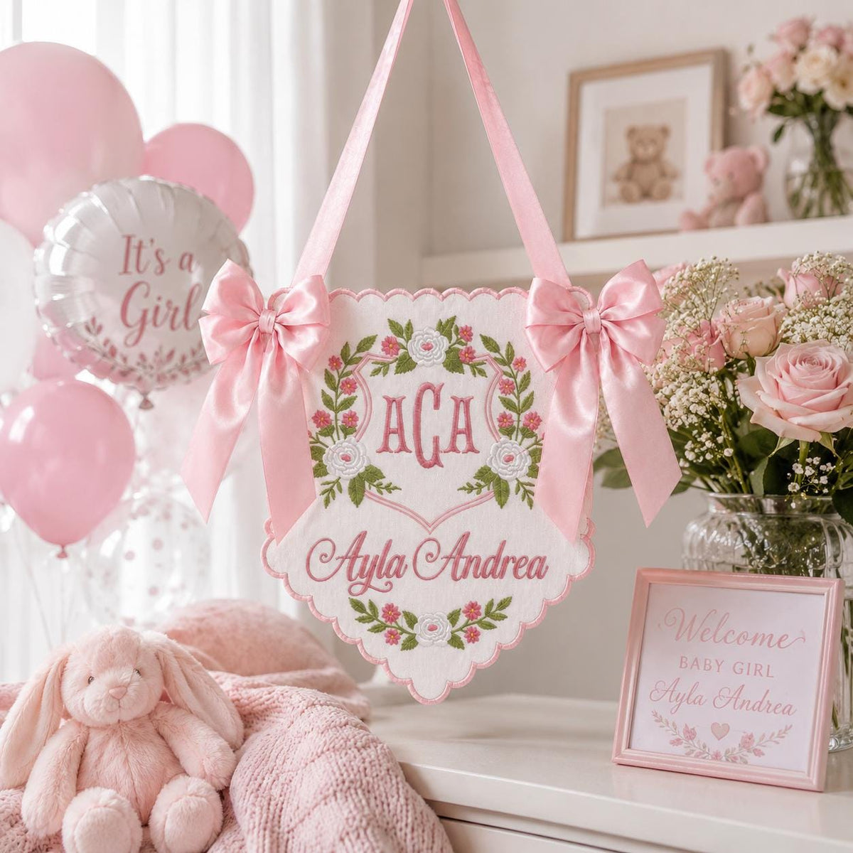 Embroidered Floral Crest Baby Banner, Personalized Monogram Hospital Door Decor