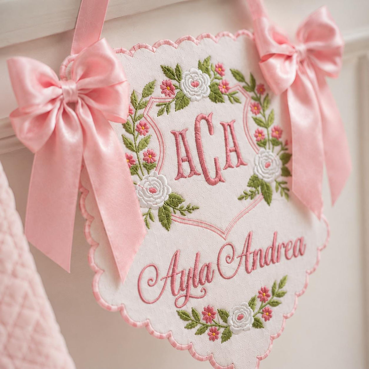 Embroidered Floral Crest Baby Banner, Personalized Monogram Hospital Door Decor