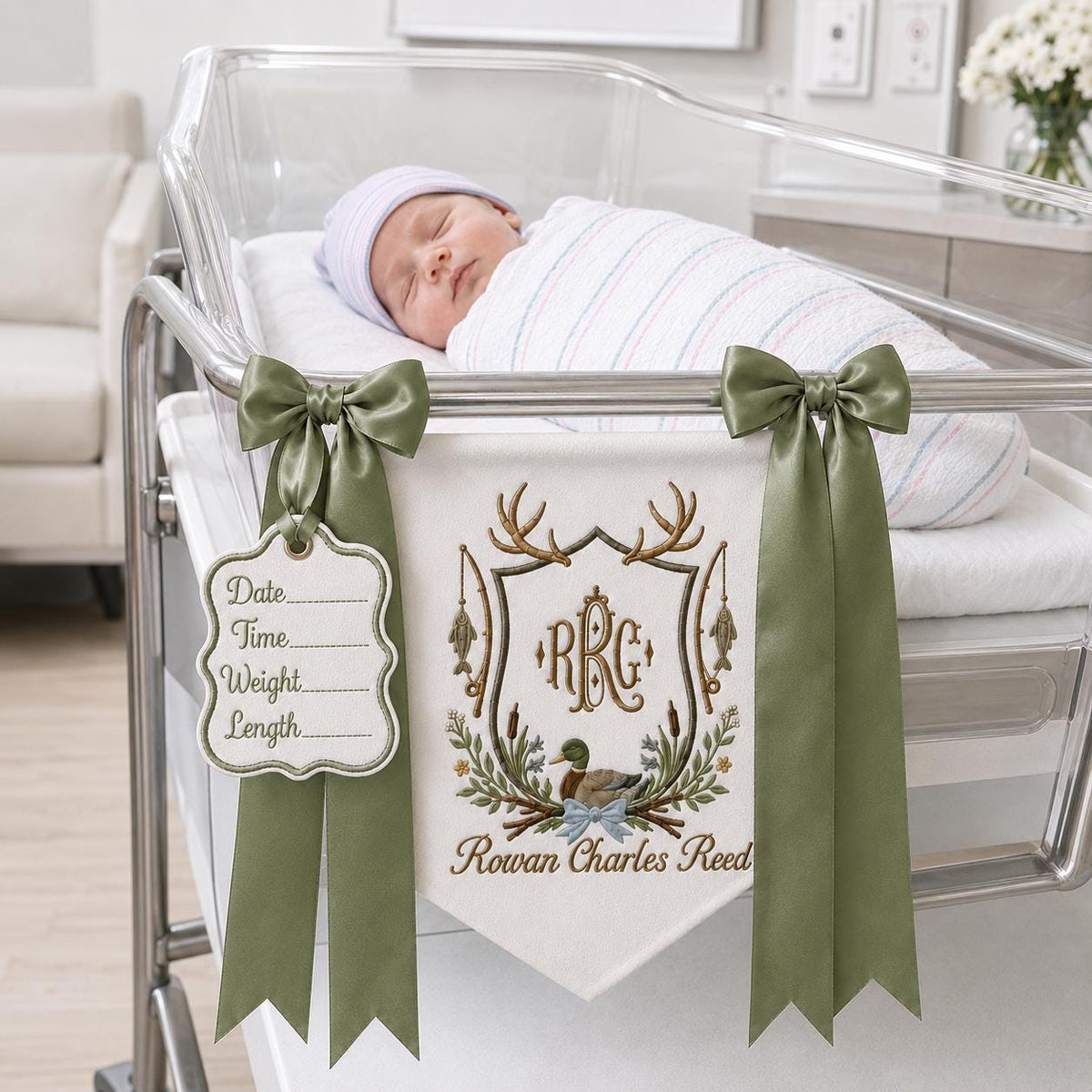 Personalized Duck Monogram Banner, Embroidered Name Birth Announcement, Hunting Nursery Bassinet Decor, Newborn Boy Gift