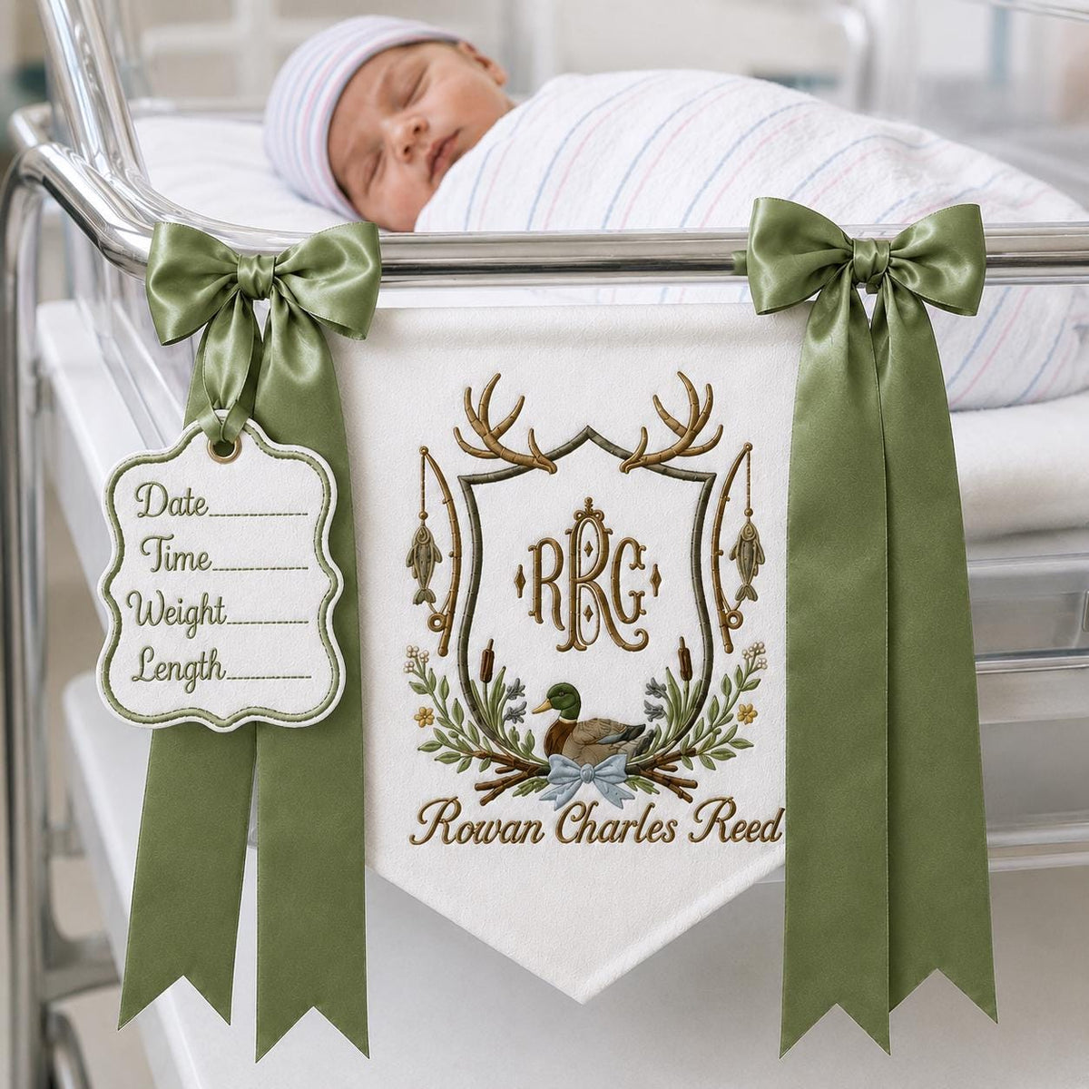 Personalized Duck Monogram Banner, Embroidered Name Birth Announcement, Hunting Nursery Bassinet Decor, Newborn Boy Gift
