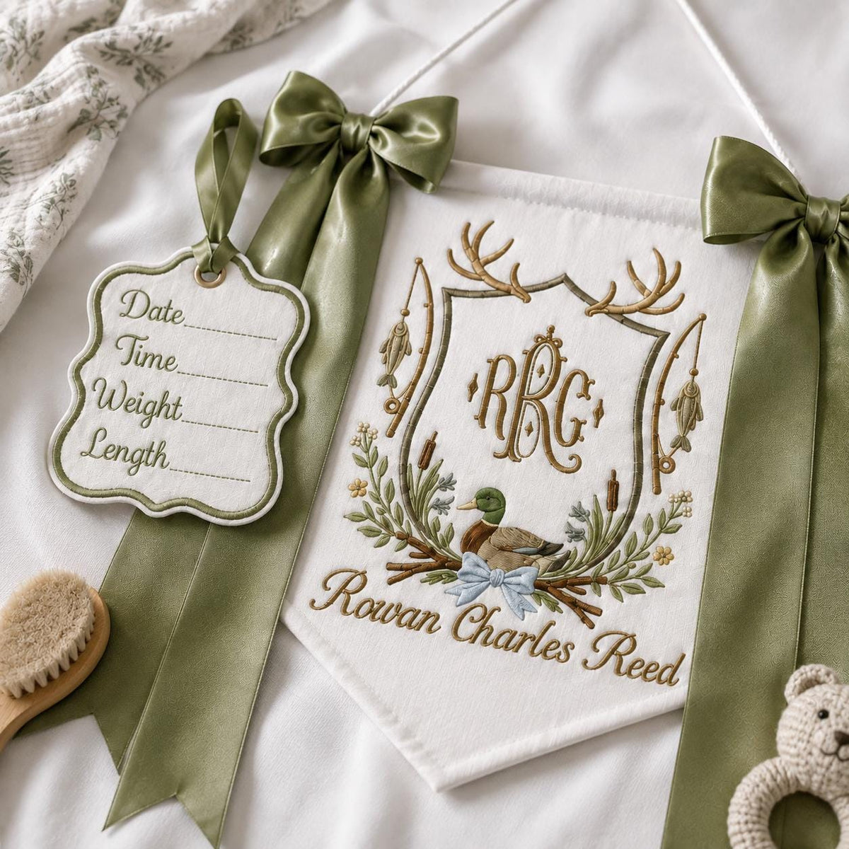 Personalized Duck Monogram Banner, Embroidered Name Birth Announcement, Hunting Nursery Bassinet Decor, Newborn Boy Gift