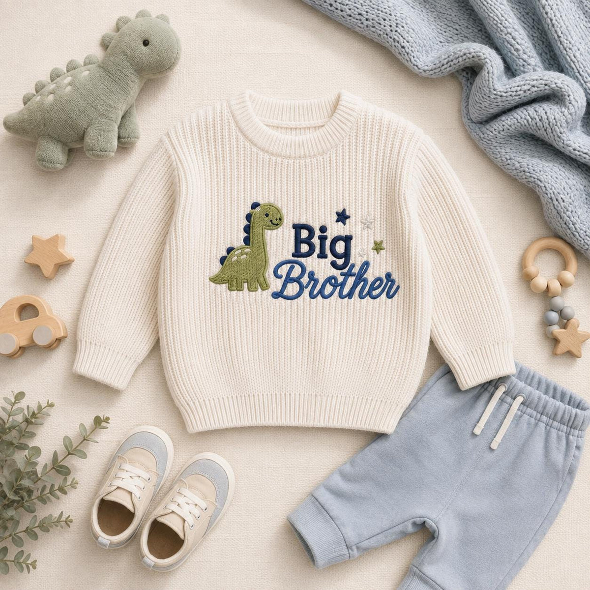Embroidered Dinosaur Big Brother Sweater, Toddler Knit Pullover, Pregnancy Announcement Outfit, New Sibling Reveal Gift for Little Boys