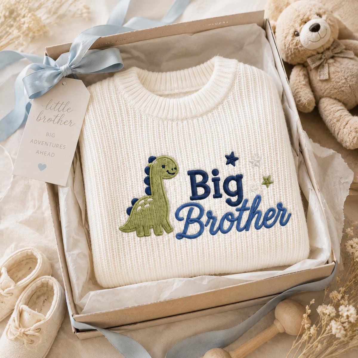 Embroidered Dinosaur Big Brother Sweater, Toddler Knit Pullover, Pregnancy Announcement Outfit, New Sibling Reveal Gift for Little Boys