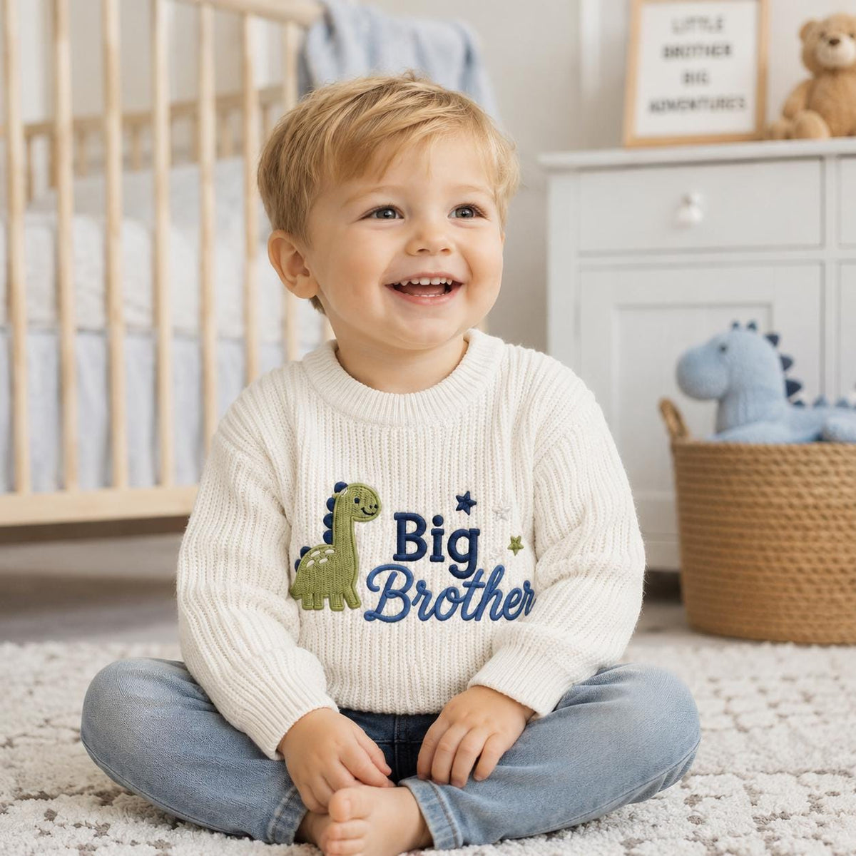 Embroidered Dinosaur Big Brother Sweater, Toddler Knit Pullover, Pregnancy Announcement Outfit, New Sibling Reveal Gift for Little Boys