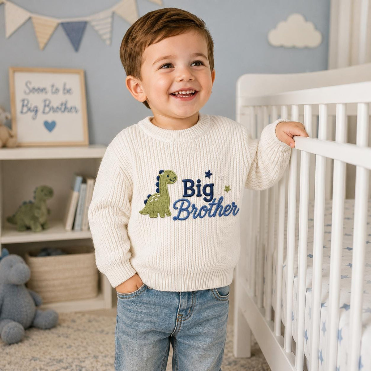 Embroidered Dinosaur Big Brother Sweater, Toddler Knit Pullover, Pregnancy Announcement Outfit, New Sibling Reveal Gift for Little Boys
