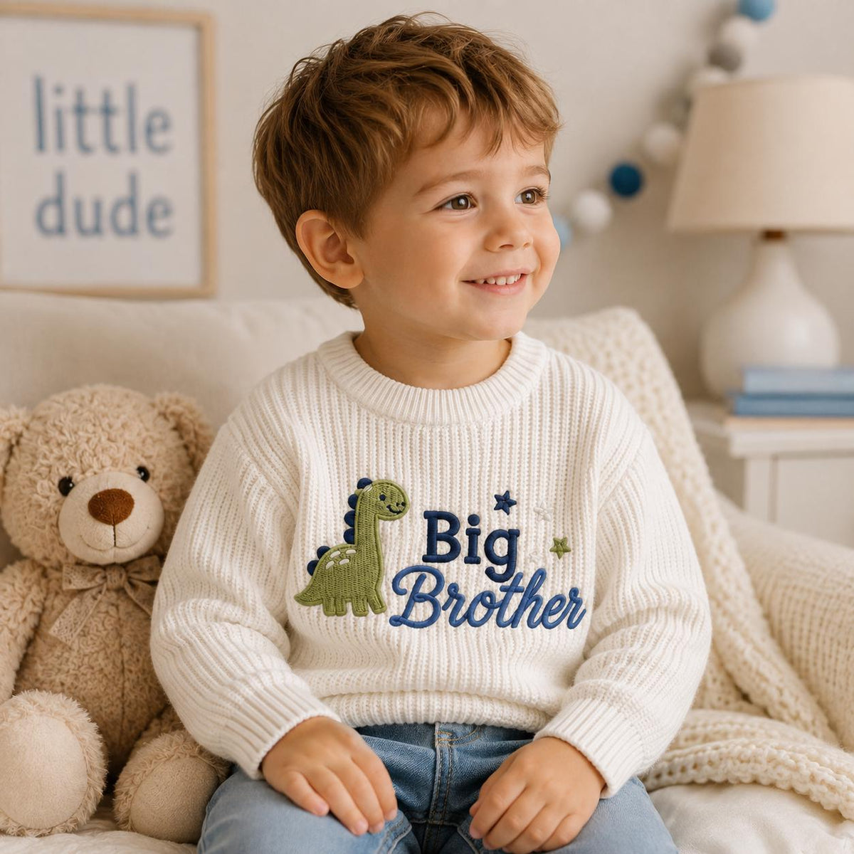 Embroidered Dinosaur Big Brother Sweater, Toddler Knit Pullover, Pregnancy Announcement Outfit, New Sibling Reveal Gift for Little Boys