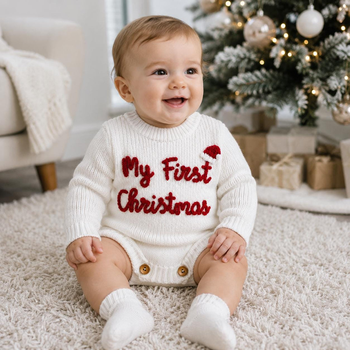 My First Christmas Romper, Embroidered Baby Knit Bodysuit, Newborn Holiday Outfit, Infant Christmas Photo Prop, Baby Gift
