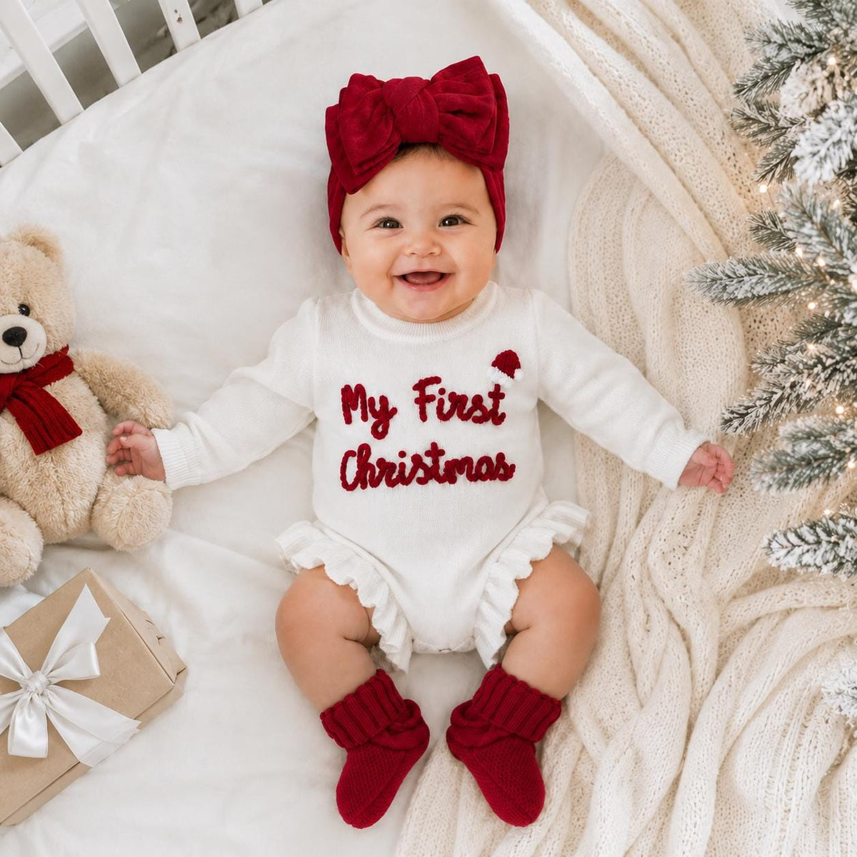 My First Christmas Romper, Embroidered Baby Knit Bodysuit, Newborn Holiday Outfit, Infant Christmas Photo Prop, Baby Gift