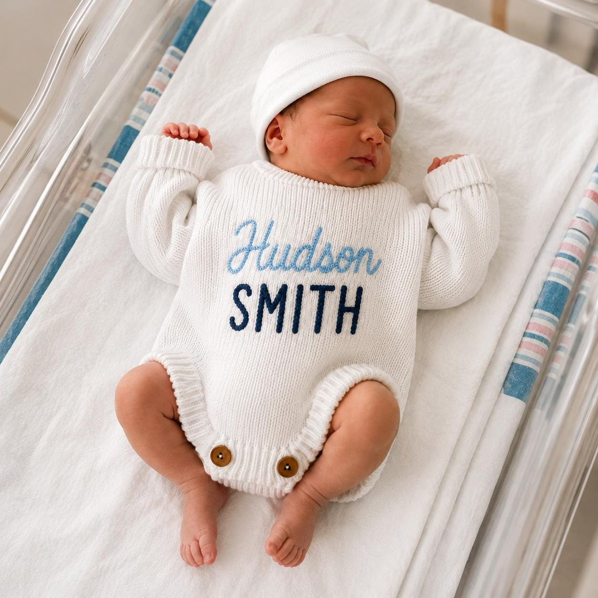 Personalized Knit Baby Romper, Custom Name Embroidered Bodysuit, Newborn Outfit