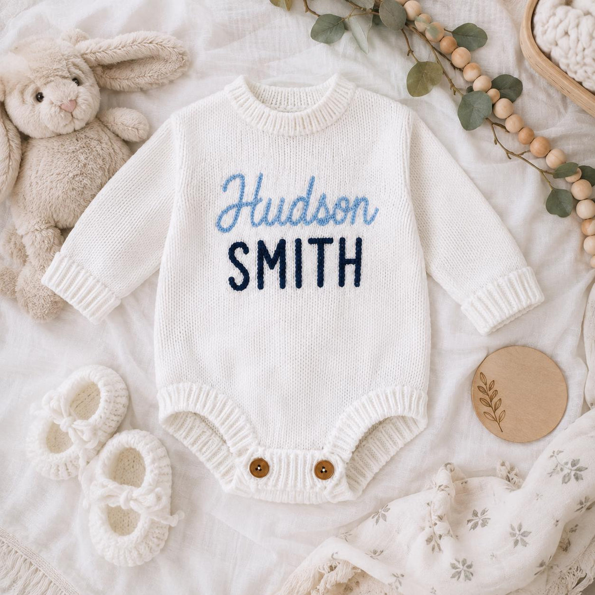 Personalized Knit Baby Romper, Custom Name Embroidered Bodysuit, Newborn Outfit
